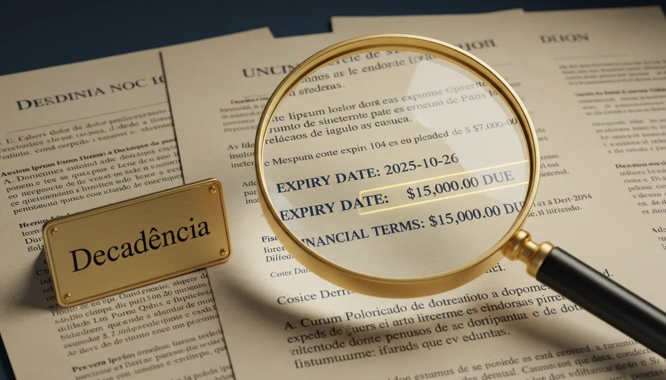Ilustração digital focada na averbação por decadência em documentos legais, destacando prazos e termos financeiros.