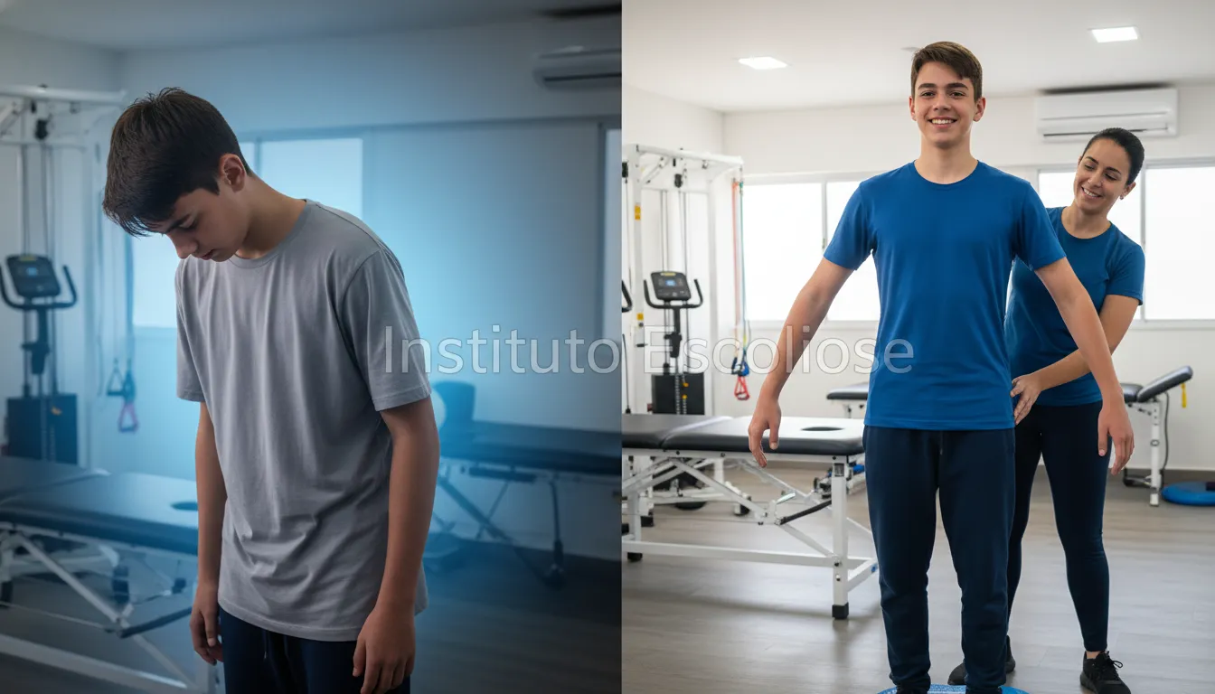 Montagem mostrando antes e depois do tratamento de escoliose: adolescente triste e curvada, versus adolescente confiante e com boa postura.