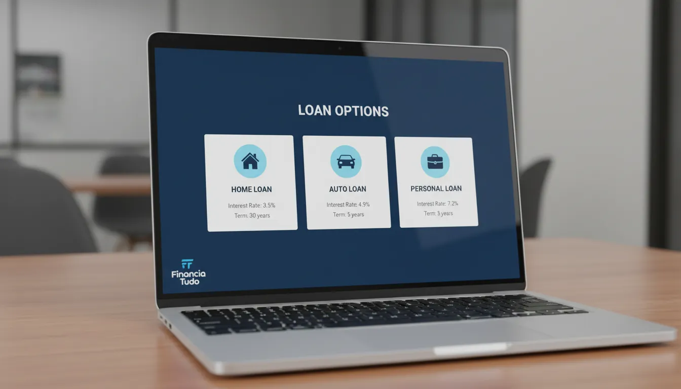 Interface digital mostrando opções de empréstimo, representando a facilidade de encontrar as melhores taxas ao usar seu imóvel como garantia com a Financia Tudo.