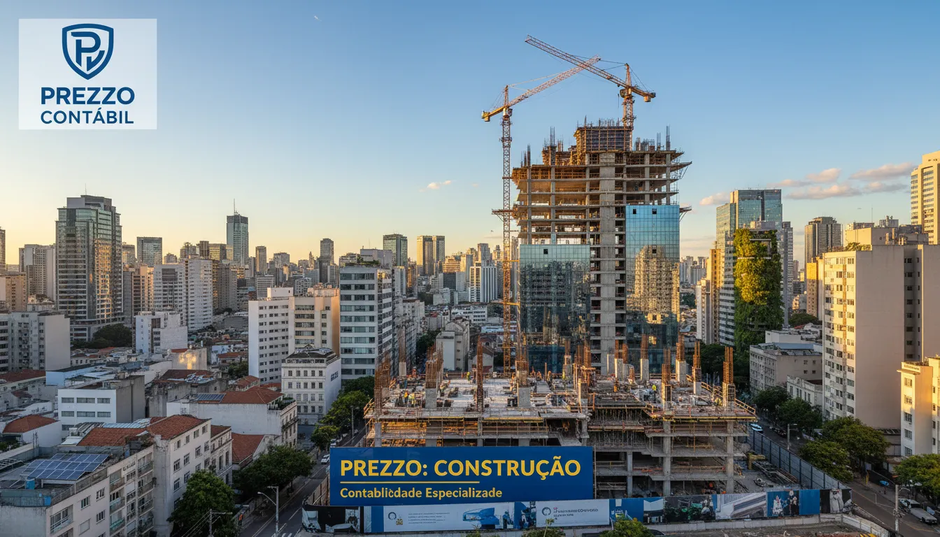 Paisagem urbana de São Paulo com novo projeto de construção e logo da Prezzo Contábil, simbolizando a Contabilidade para Construção Civil em São Paulo.