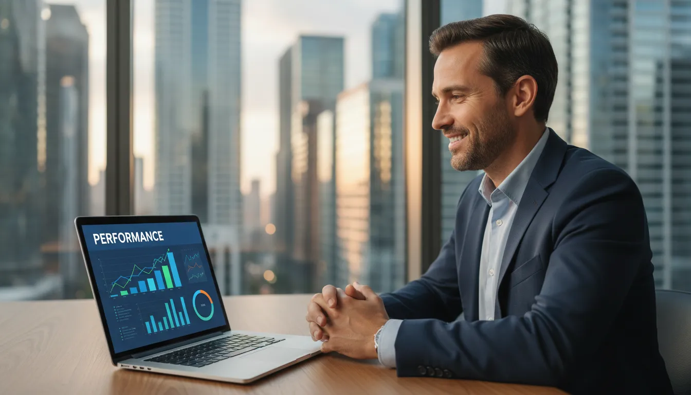 Ilustração de um pipeline de vendas bem-sucedido, com um empreendedor satisfeito analisando métricas de crescimento em seu laptop.