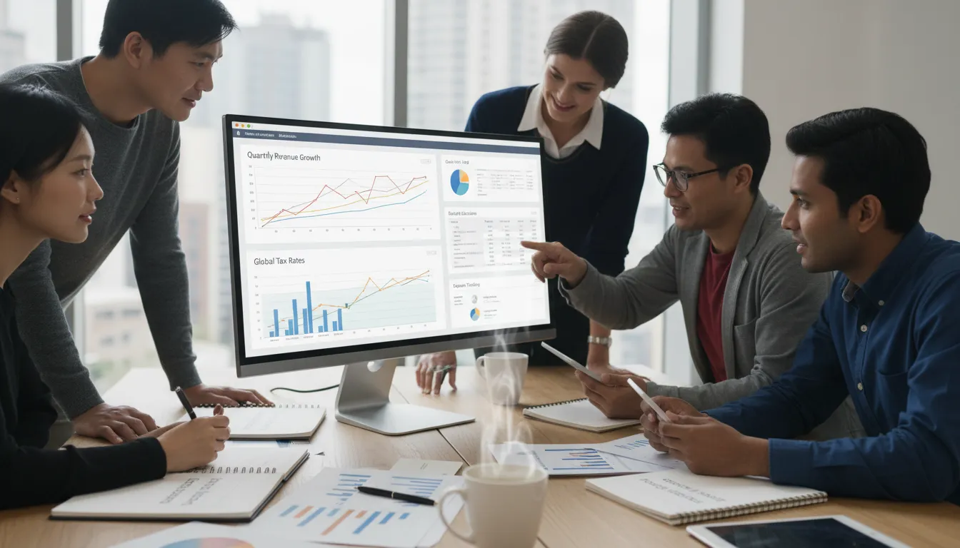 Equipe analisando gráficos de faturamento e planejando estratégias para redução da carga tributária no Simples Nacional.