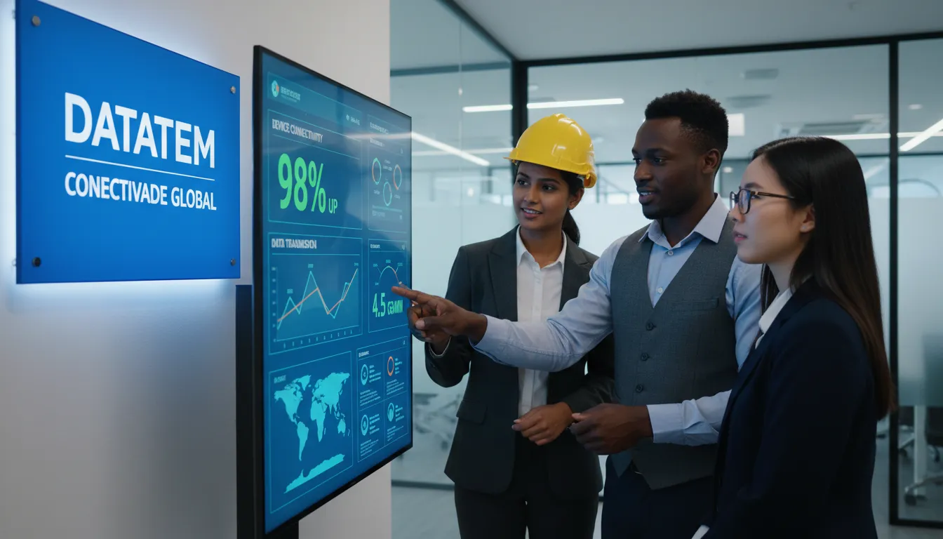 Profissionais analisando dados em tempo real de dispositivos IoT conectados via esim da Datatem, ilustrando a gestão de conectividade.