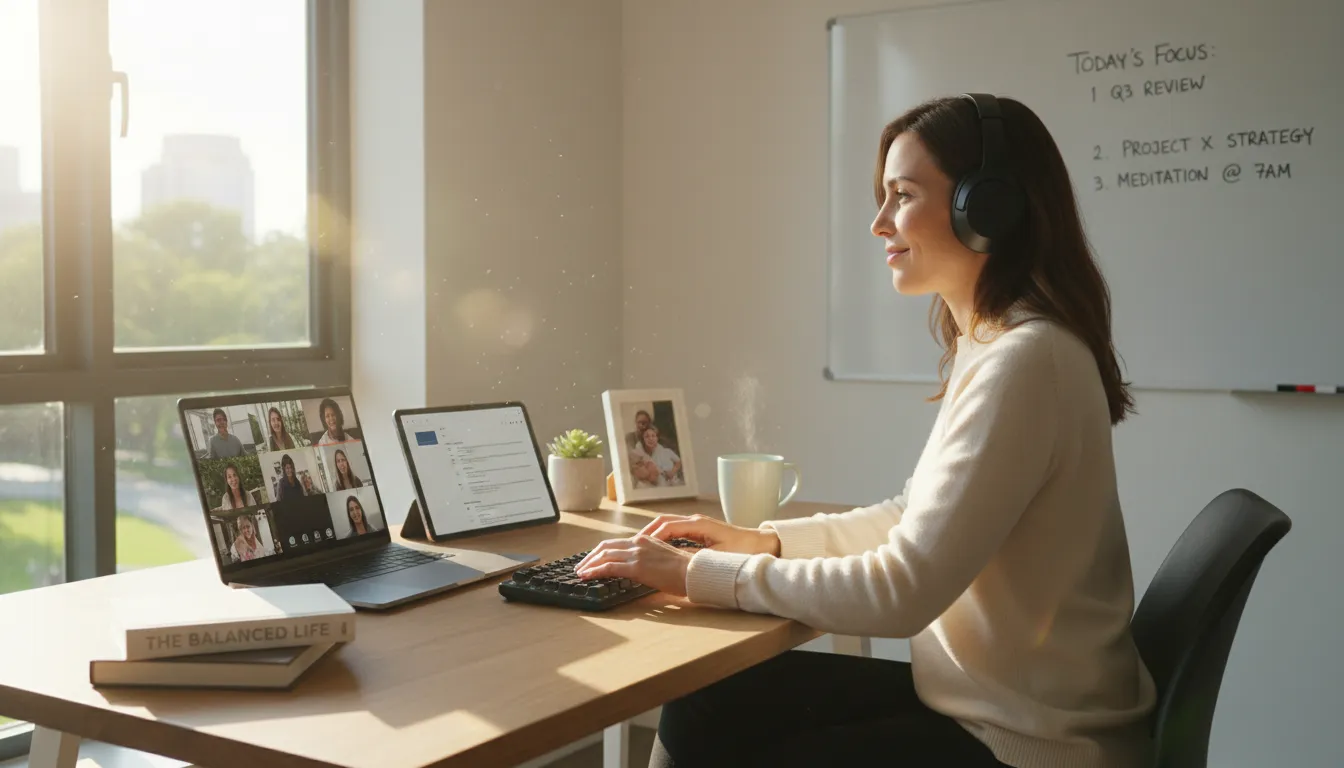 Trabalhador remoto equilibra vida pessoal e profissional em home office organizado.