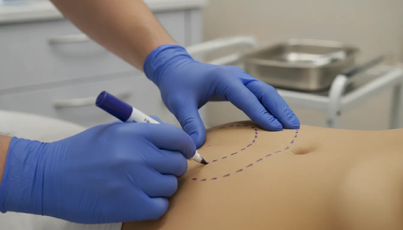 Mãos de cirurgião marcando abdômen de paciente, planejando cirurgias reparadoras pós-bariátrica com precisão.