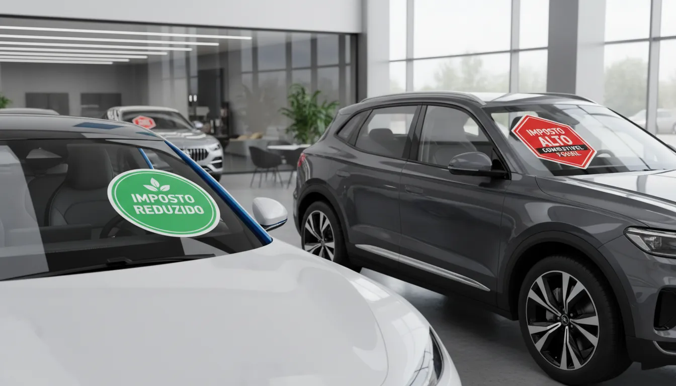 Comparação fotorrealista entre carro elétrico e a combustíveis fósseis, evidenciando imposto do pecado.