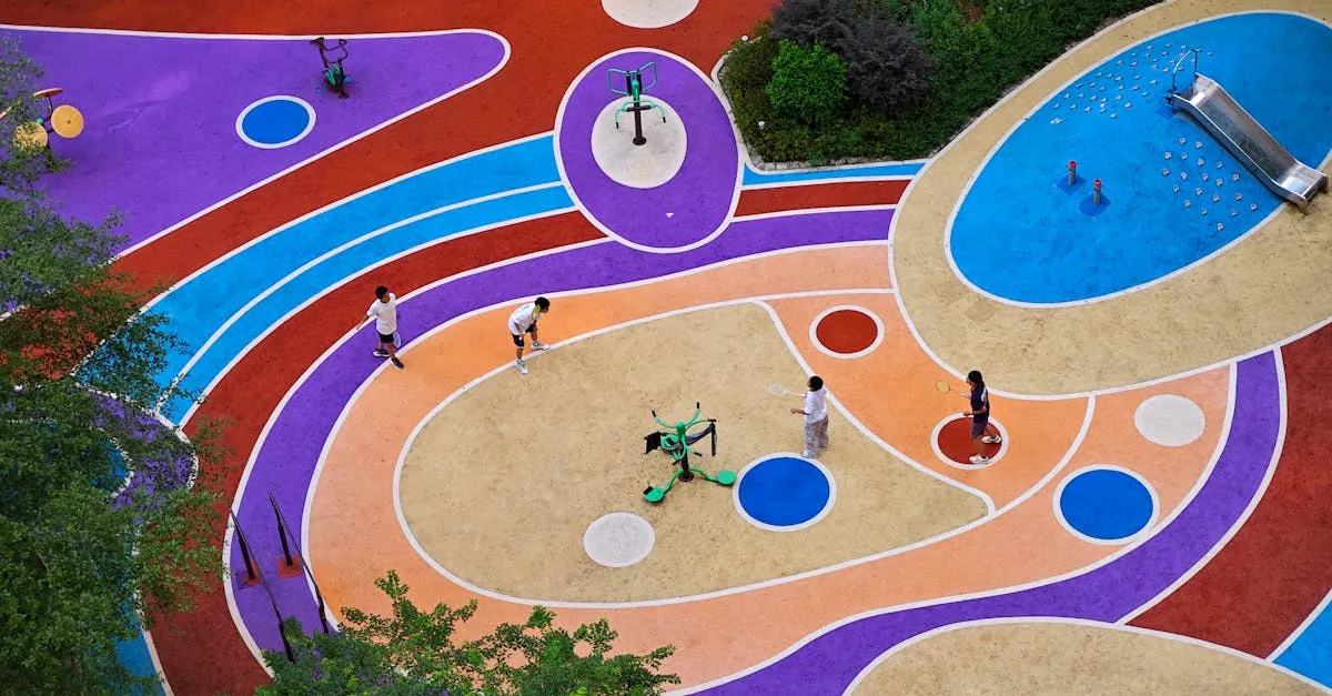 Playground comunitário espaçoso com grama sintética, oferecendo um ambiente limpo e de baixa manutenção para crianças.