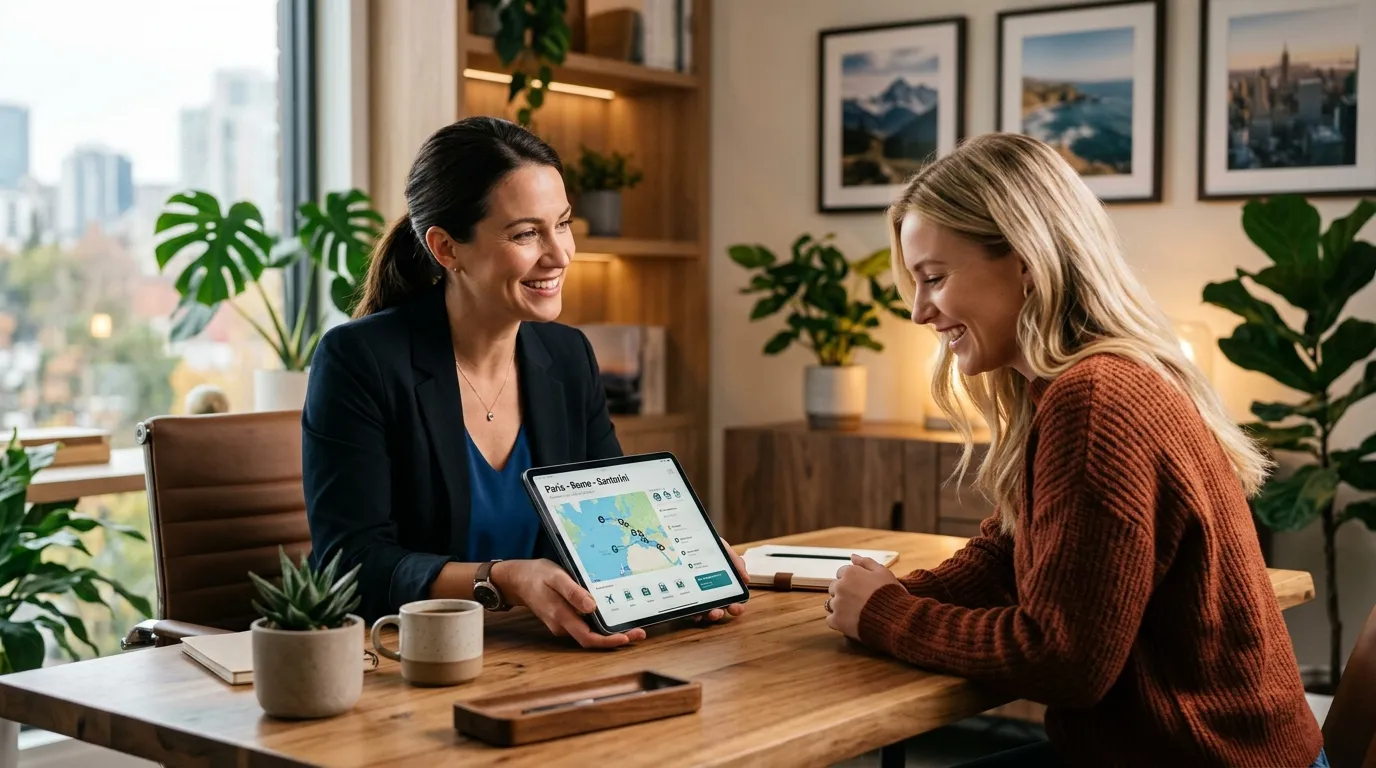 Consultora de agência de viagens apresentando roteiro exclusivo em tablet para cliente.
