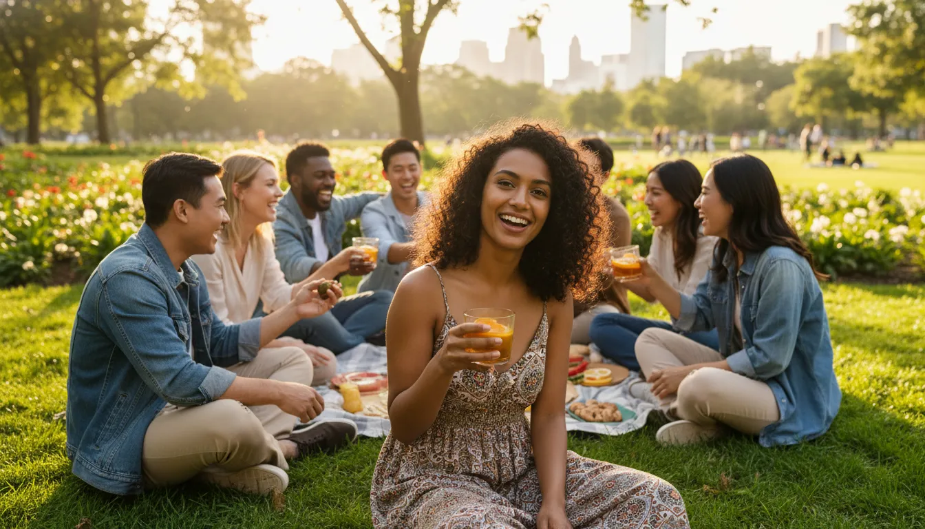 Grupo de amigos celebra vida sem pressões de casamento. Psicólogo online apoia escolhas pessoais.