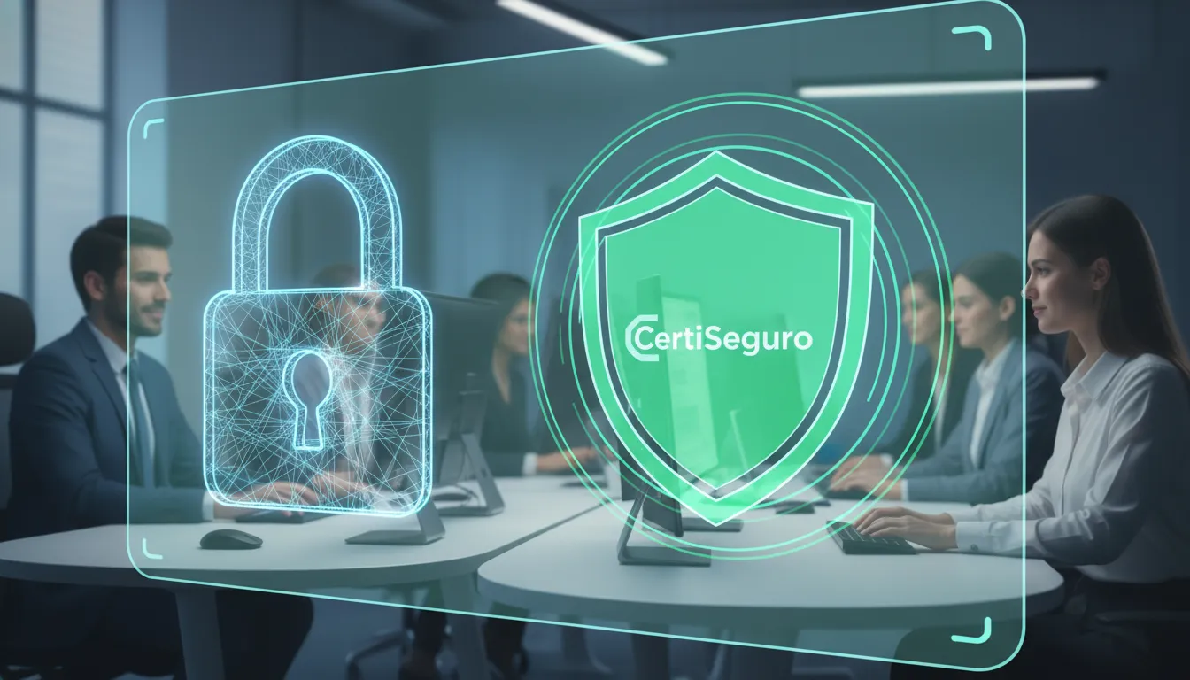 Escritório protegido por escudo digital verde após revogar certificado digital, garantindo segurança.