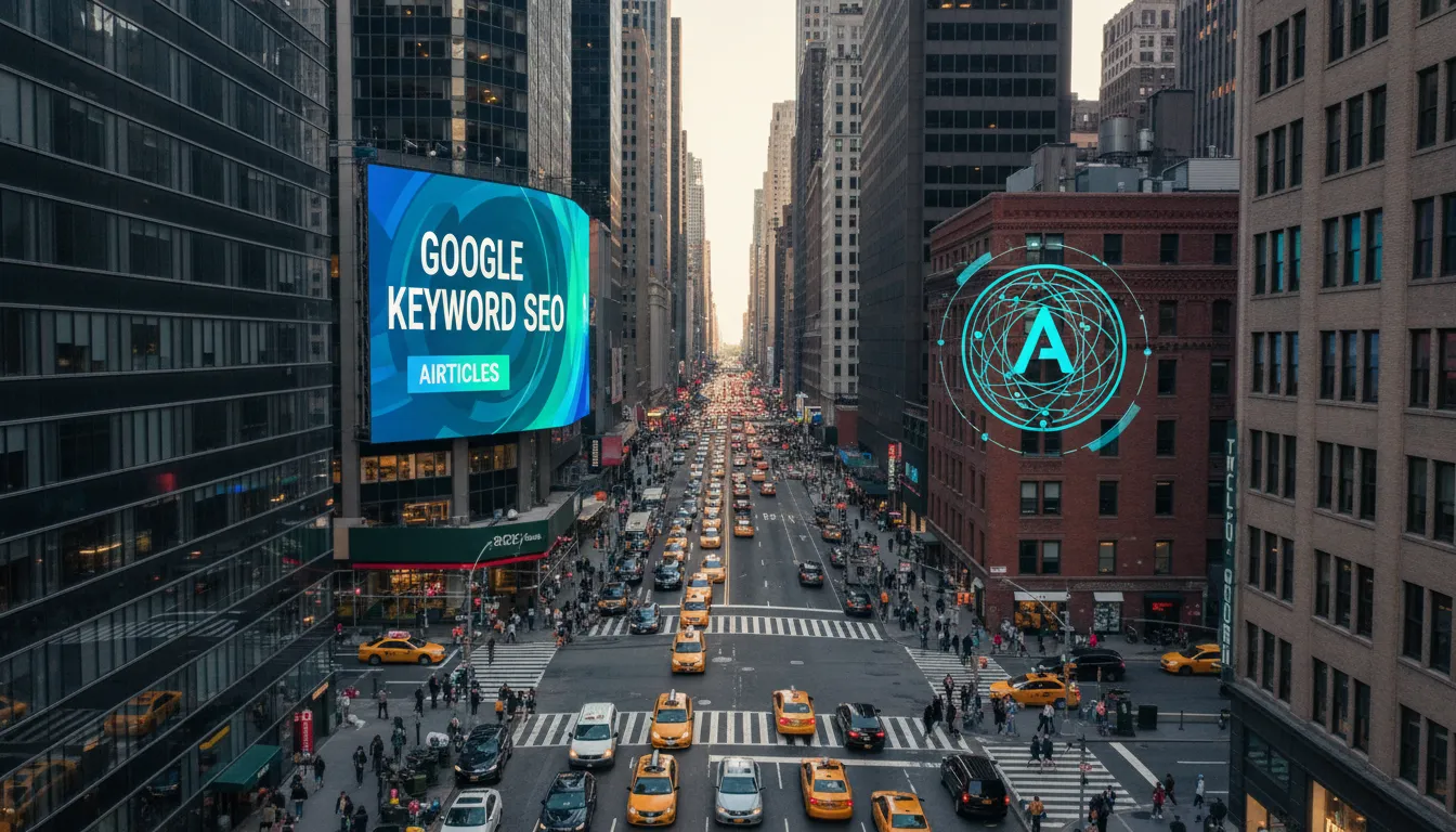 A vibrant Manhattan street with a billboard displaying seo google keyword, symbolising Airticles' presence in the digital landscape.