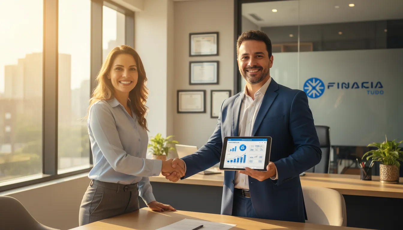 Casal sorrindo apertando as mãos de consultor da Financia Tudo após conseguir financiamento para término de obra, mostrando satisfação.