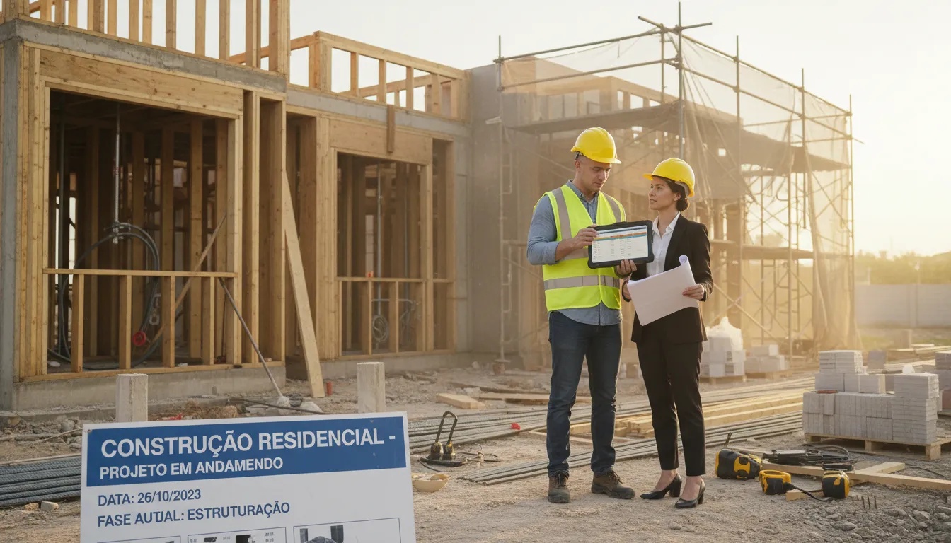 Engenheiro e cliente acompanhando evolução da construção, conferindo cronograma de liberação de recursos na obra.