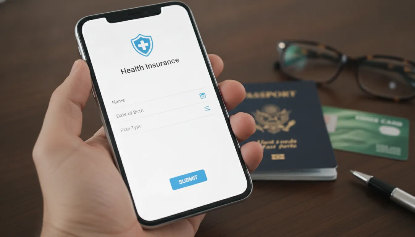 Mão preenche formulário seguro saúde EUA em smartphone, com passaporte e green card ao fundo.