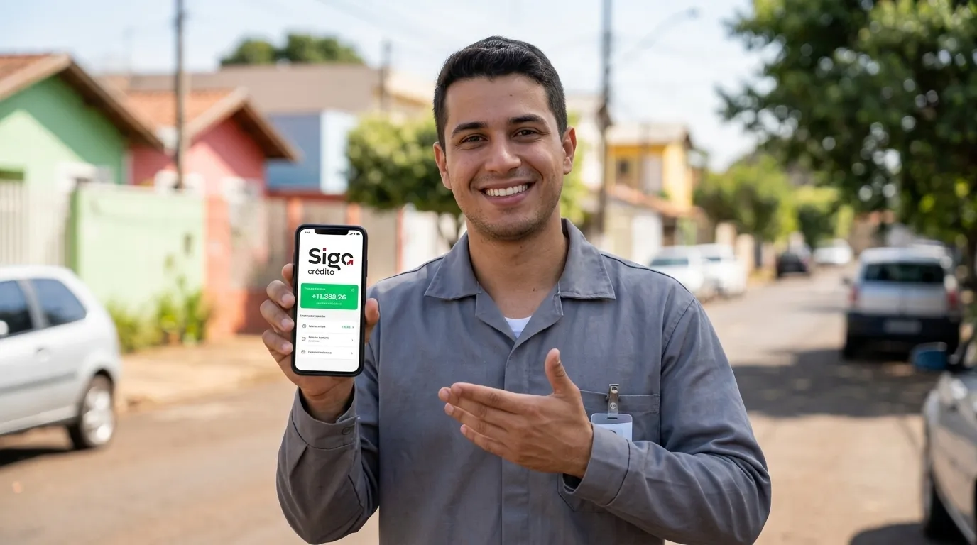 Trabalhador autônomo com celular simulando empréstimo com garantia para organizar finanças.