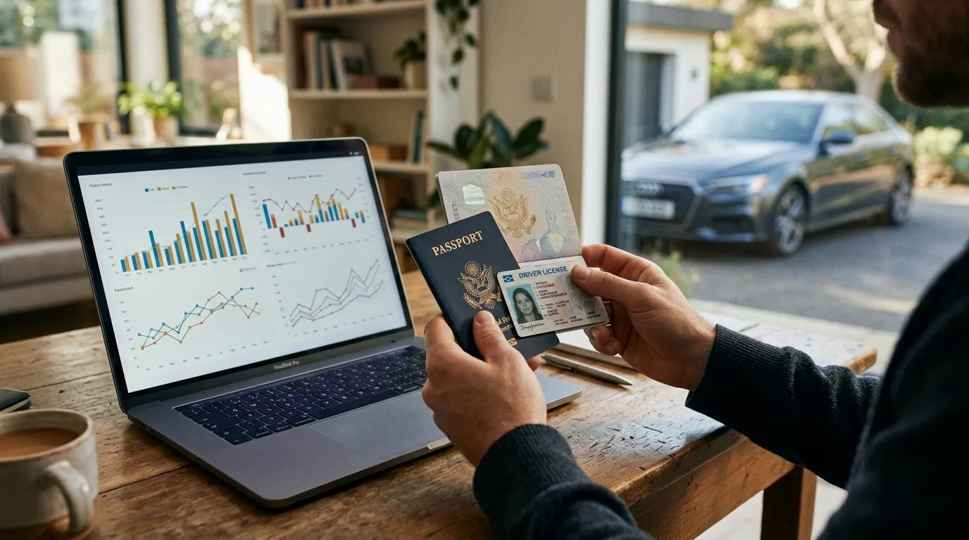 Separação de comprovantes e documentos para refinanciamento de carro com veículo ao fundo.