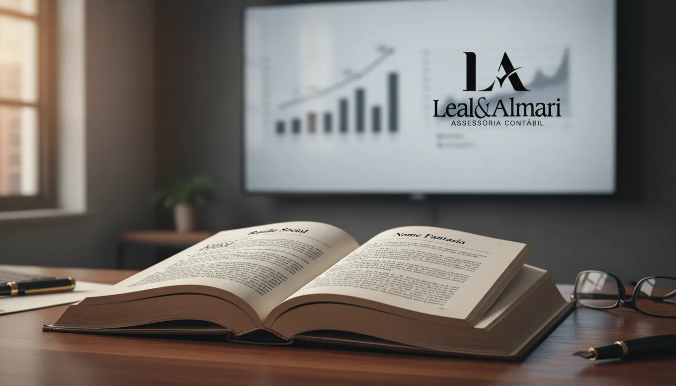 Livro aberto ilustrando a razão social nome fantasia diferença, com definições formais e informais lado a lado.