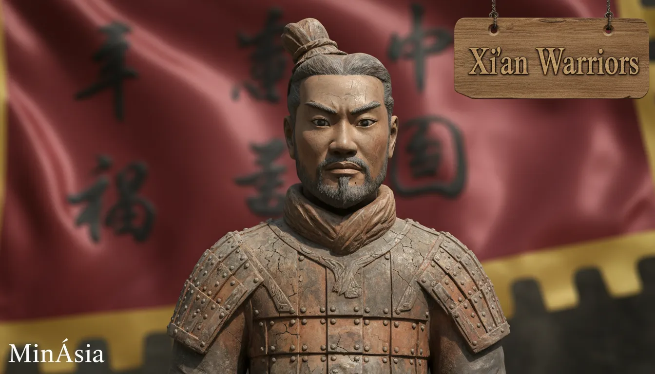 Close-up detalhado de um guerreiro do exército de terracota, exibindo a arte e a história preservadas, com a marca MinÁsia.