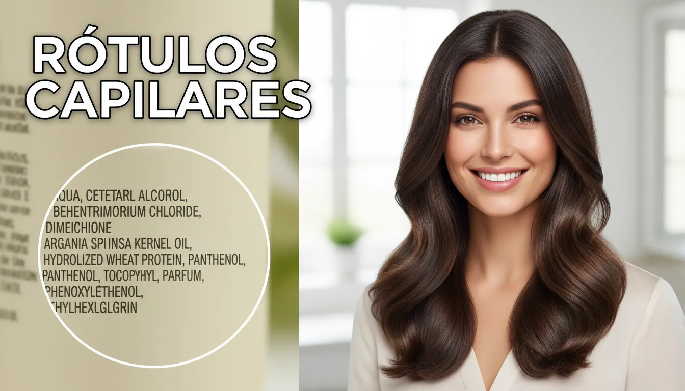 Visão ampliada dos ingredientes em um rótulo de produto capilar, ao lado de uma mulher sorrindo com cabelo saudável. Dica de como ler rótulos de produtos capilares.