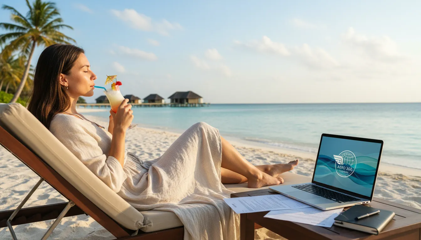 Mulher de negócios relaxa nas Maldivas com os pacotes completos da Aero 360 Viagens.