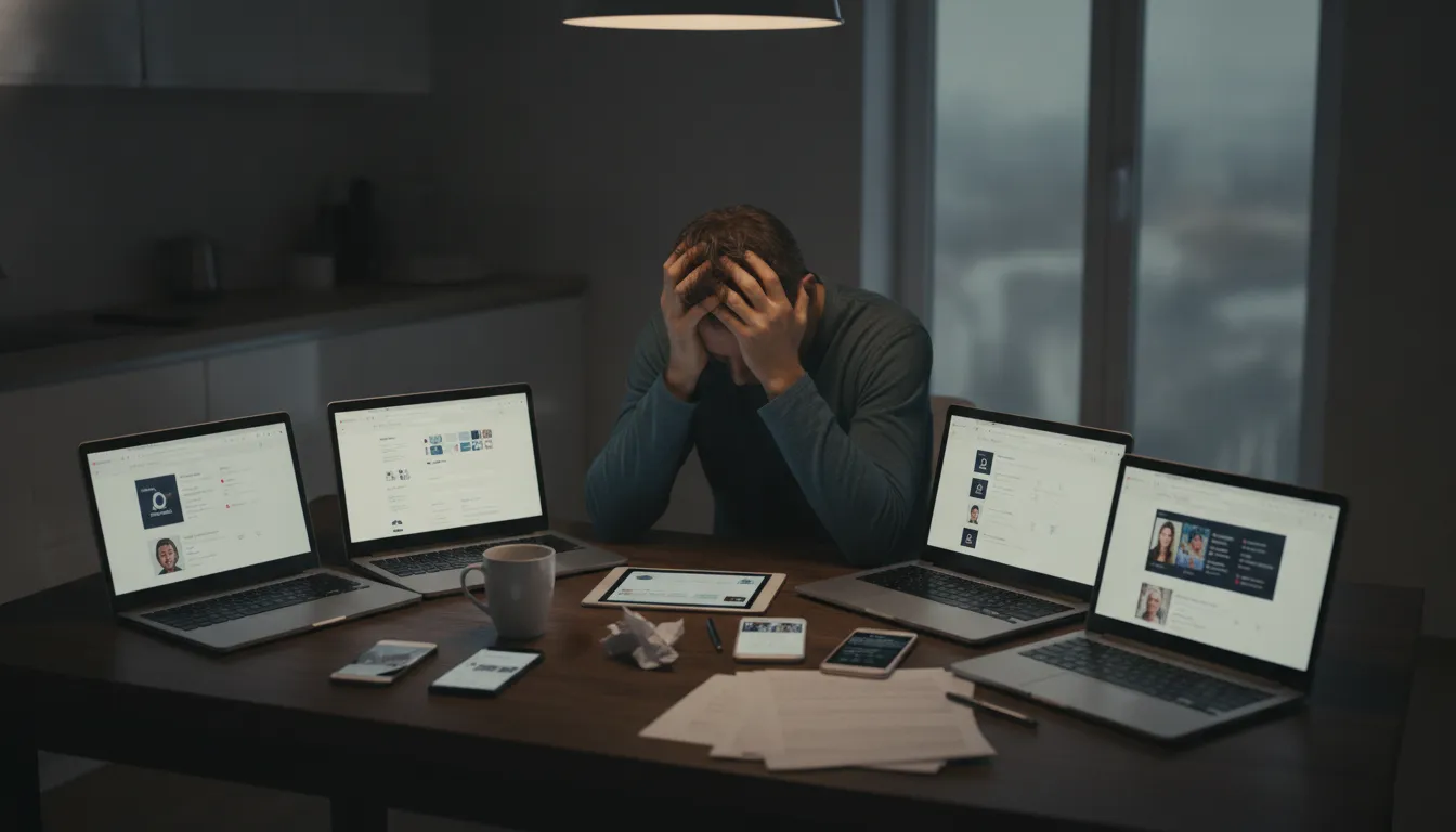 Indivíduo exausto por escolhas digitais, impactando saúde mental. Terapia online pode ajudar.