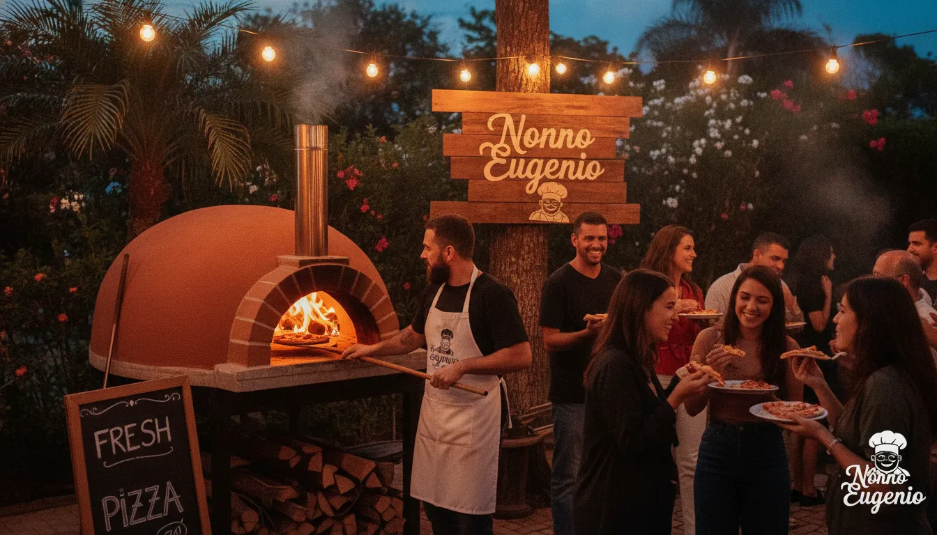 Chef Nonno Eugenio assando pizzas em forno a lenha portátil durante evento, oferecendo um rodízio de pizzas exclusivo.
