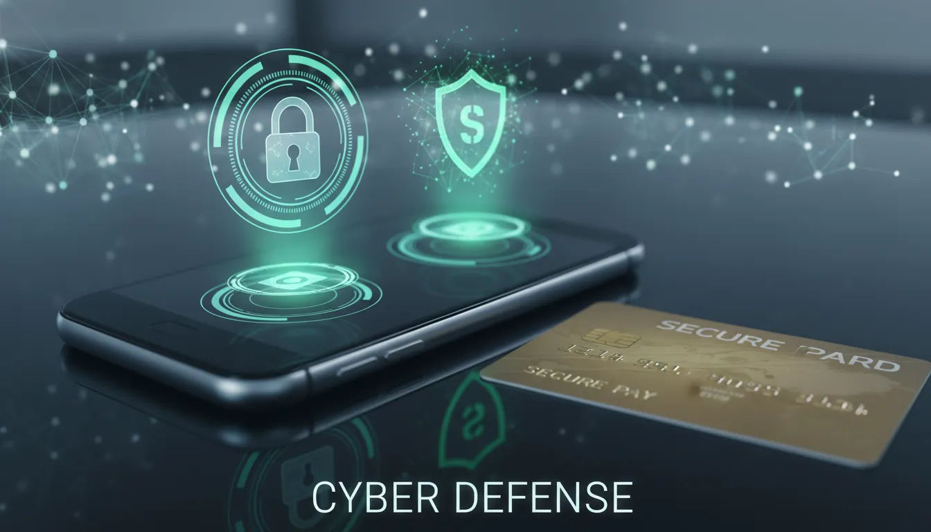 Simbolo de segurança digital protegendo cartão e smartphone, em referência à prevenção de golpes online.