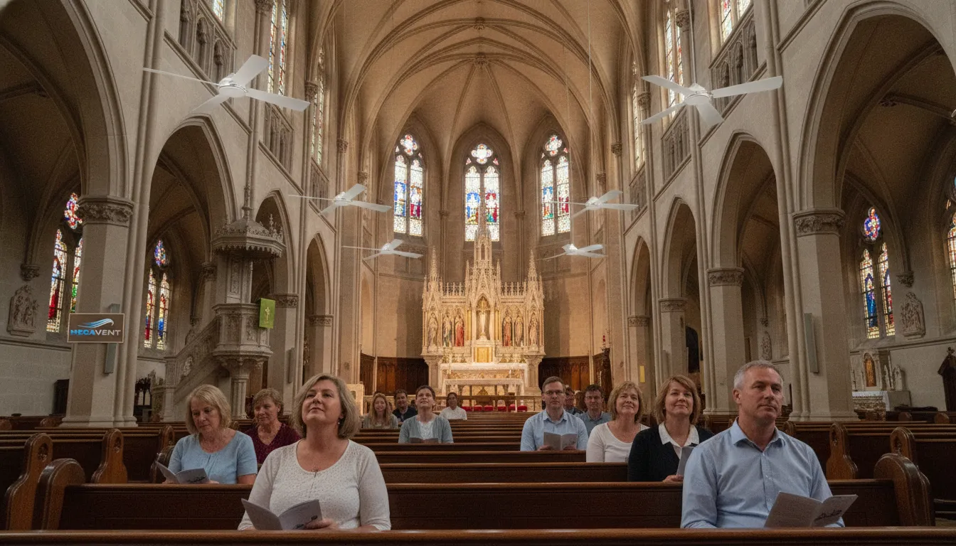 Fiéis confortáveis em igreja com múltiplos ventiladores de teto para igreja MegaVent, sem poluição sonora.