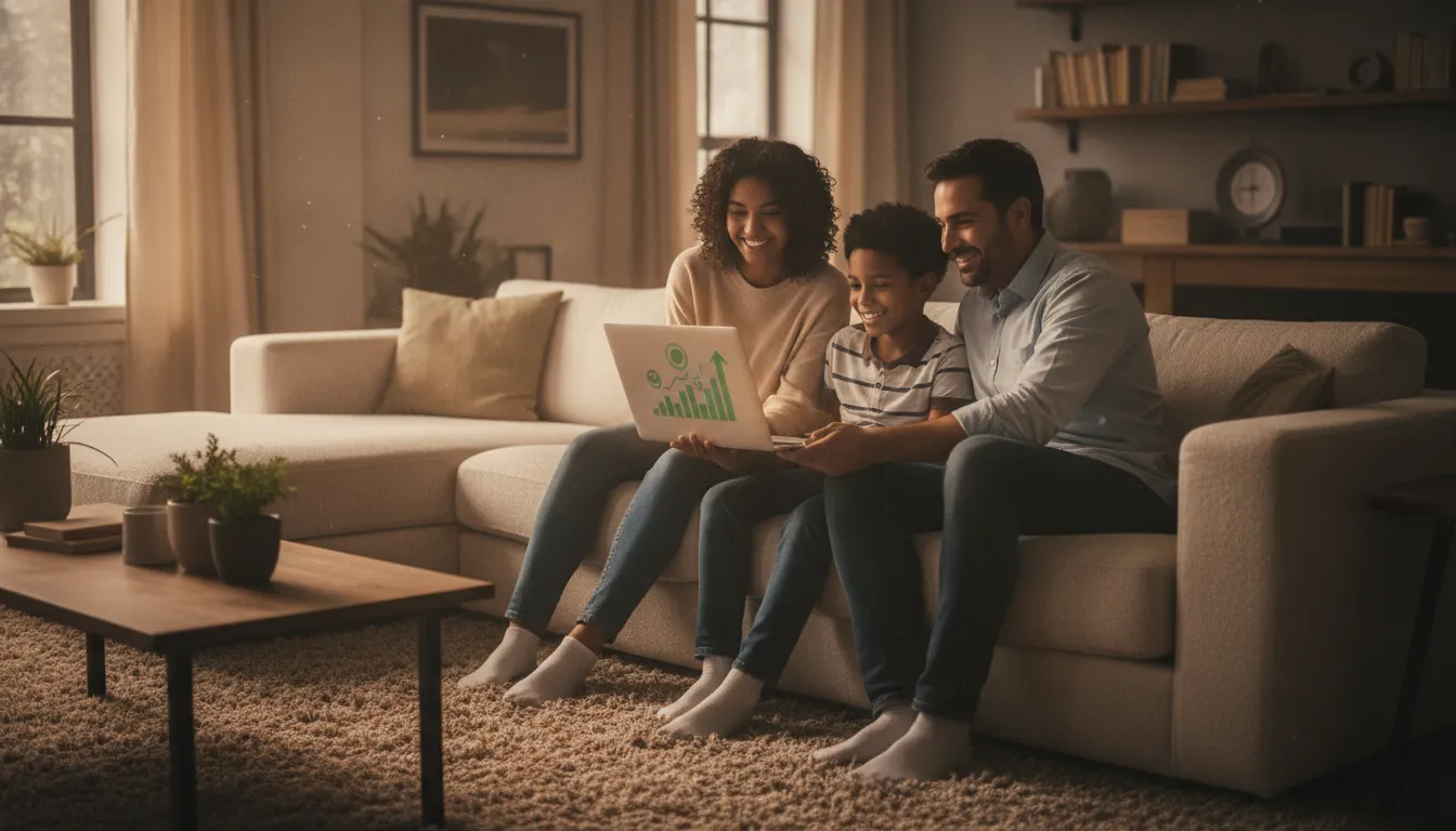 Família feliz em casa, desfrutando da segurança e estabilidade financeira após aumentar credibilidade.
