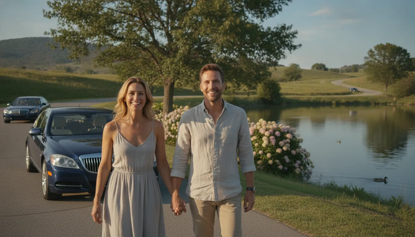 Casal feliz e tranquilo após refinanciamento de veículo para quitar dívidas e alcançar liberdade financeira.