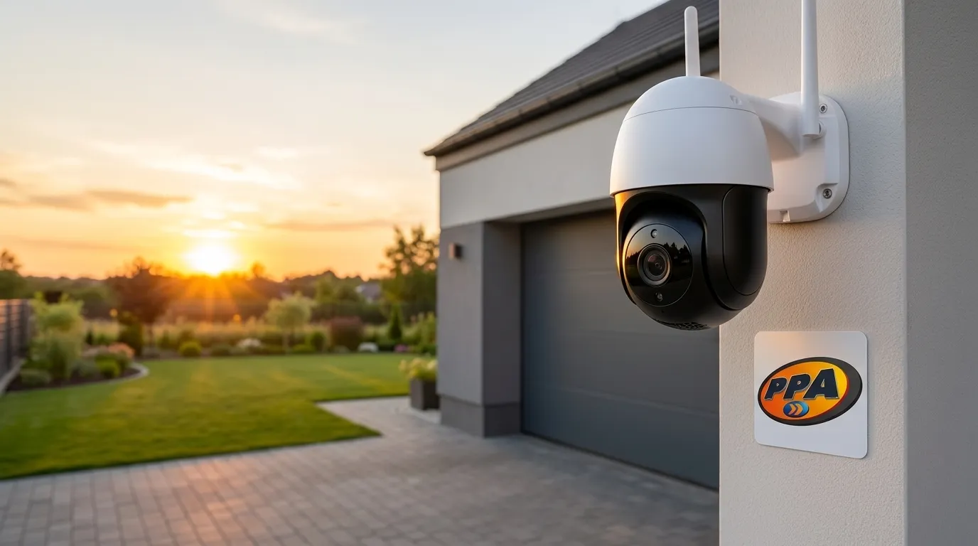 Instalação externa de câmera de segurança 360 graus monitorando a fachada de uma casa moderna.