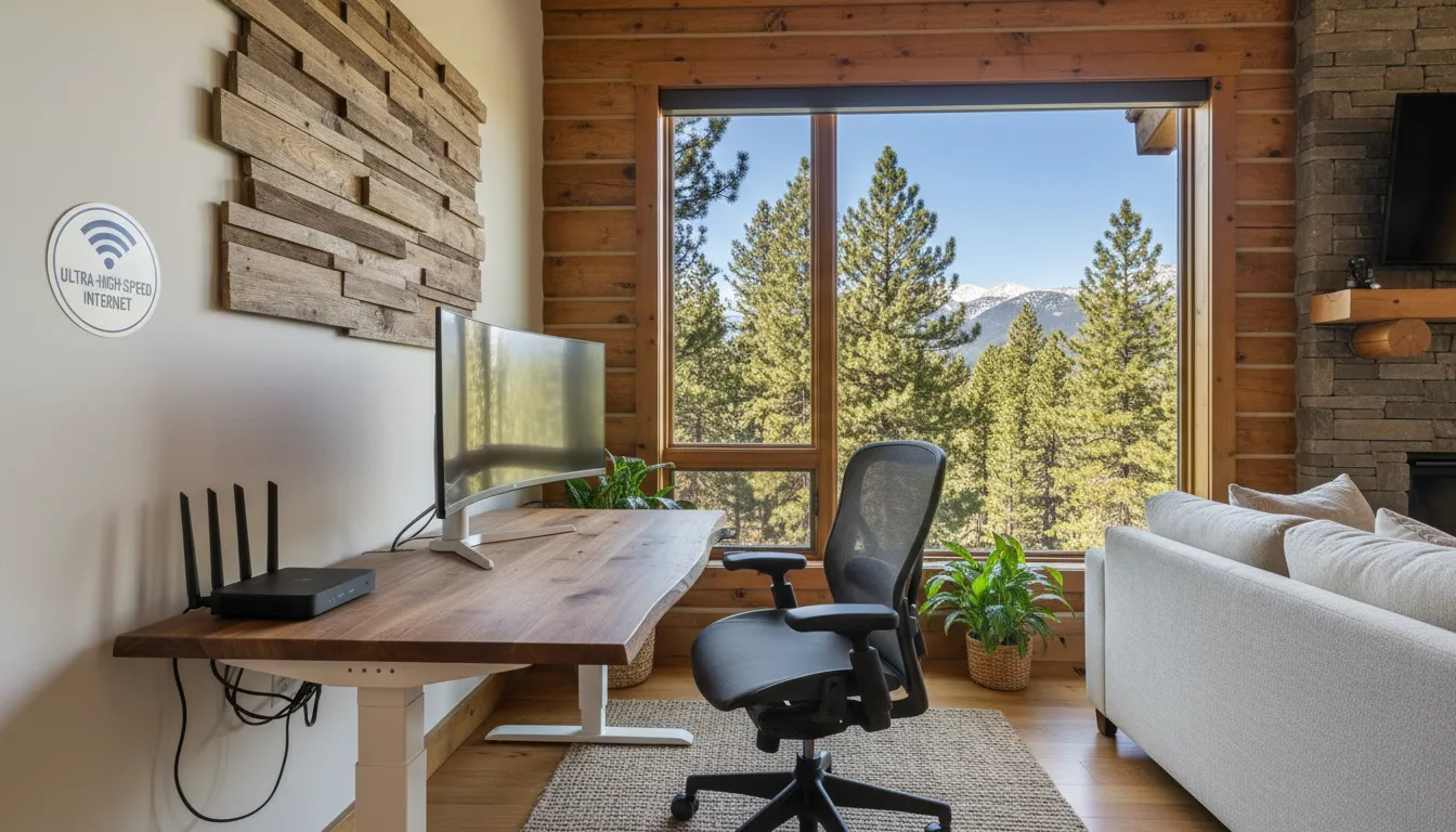 Home office equipado e confortável integrado a uma cabana de luxo com vista natural