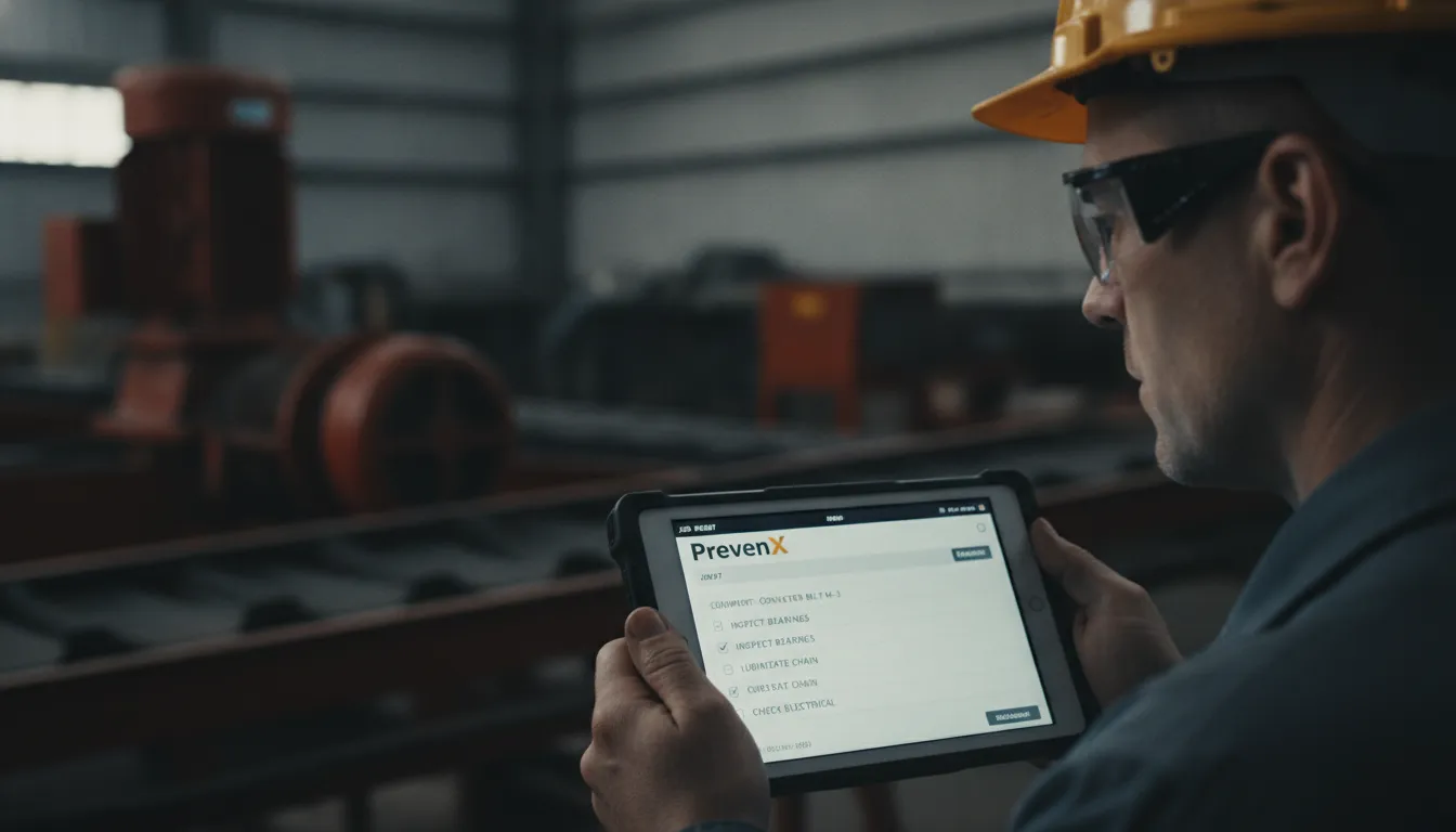 Técnico utiliza software de manutenção em tablet robusto para gerenciar ordem de serviço em ambiente industrial.