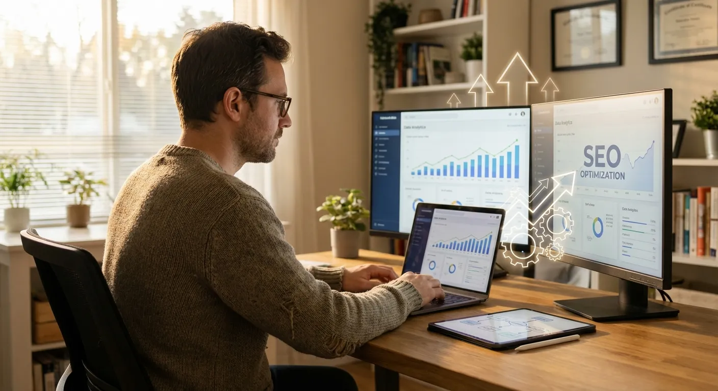 Profissional usando ferramentas digitais para otimização de SEO e campanhas online