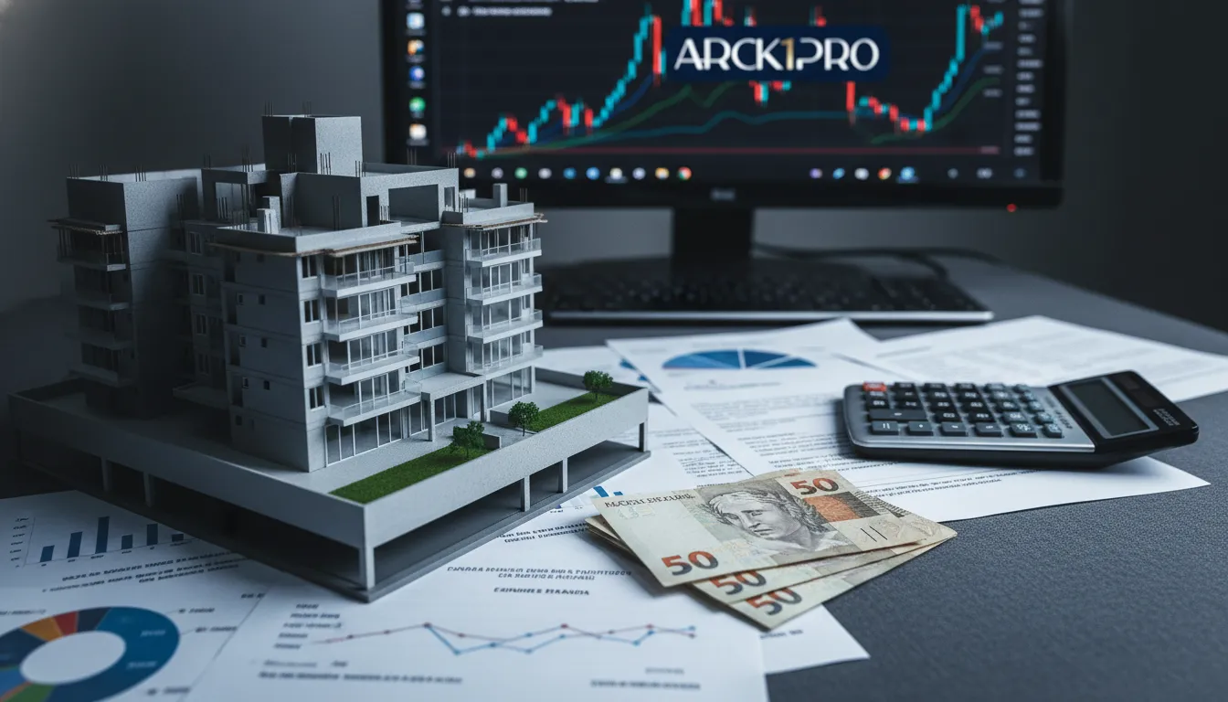 Modelo arquitetônico e notas simbolizam investimento imobiliário com pouco dinheiro e planejamento detalhado.