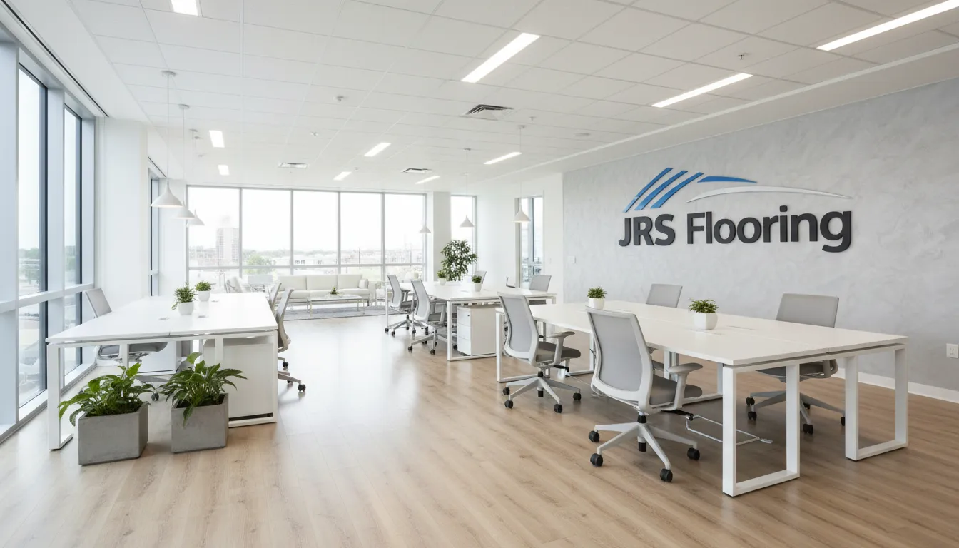 Sleek modern office with laminate flooring, showcasing modern Hardwood Flooring Instalation near me solutions provided by JRS Flooring.