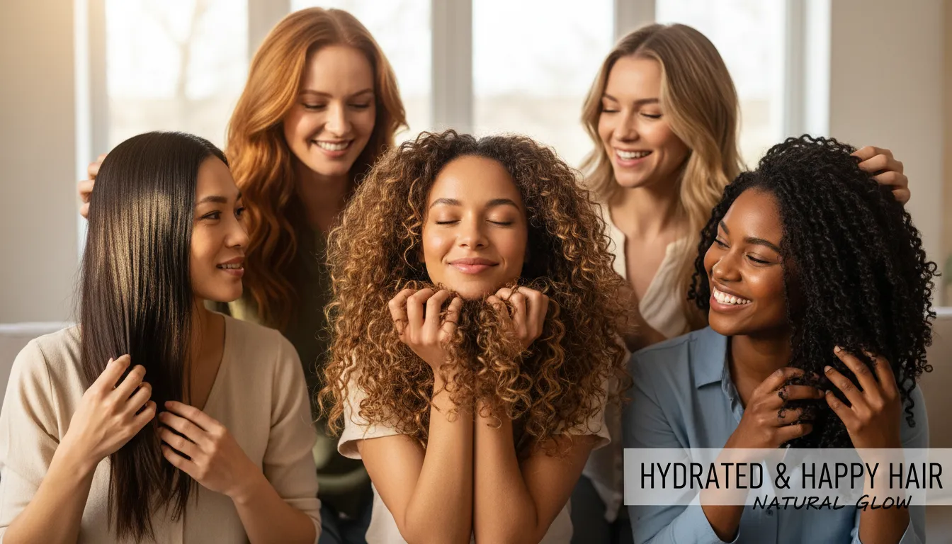 Mulheres de diferentes tipos de cabelo exibindo fios brilhantes e hidratados em ambiente interno descontraído.