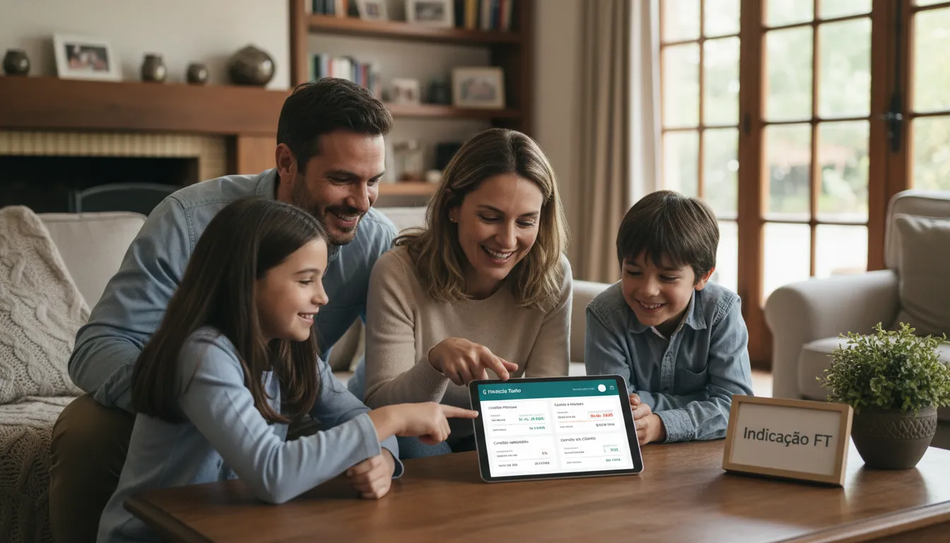 Família planejando o futuro com as opções de crédito da Financia Tudo em um tablet, demonstrando o impacto positivo da indicação de crédito em suas vidas.
