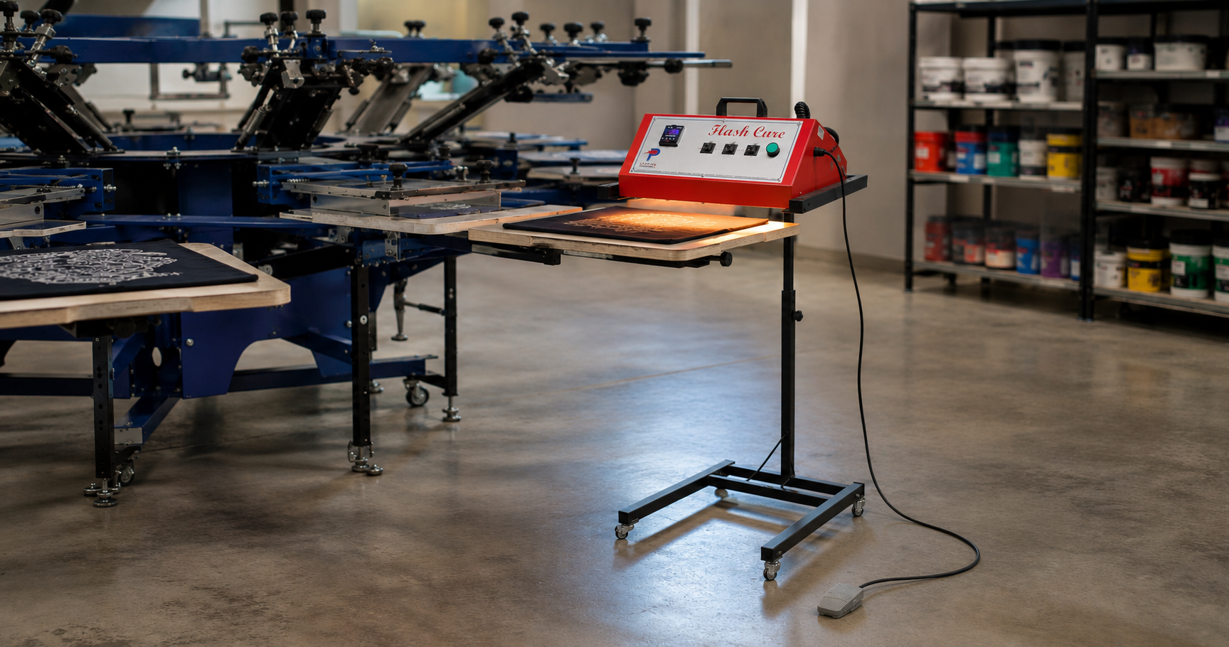 Equipamento flash-cure em ação na serigrafia