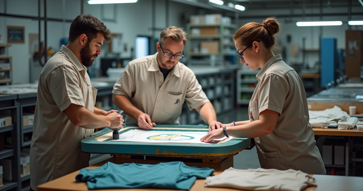 Equipe operando painel de flash-cure na serigrafia