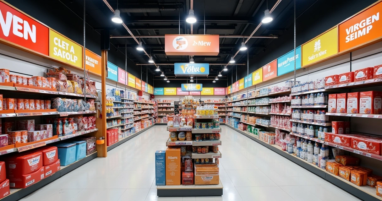exposição de produtos com sinalização colorida e organizada
